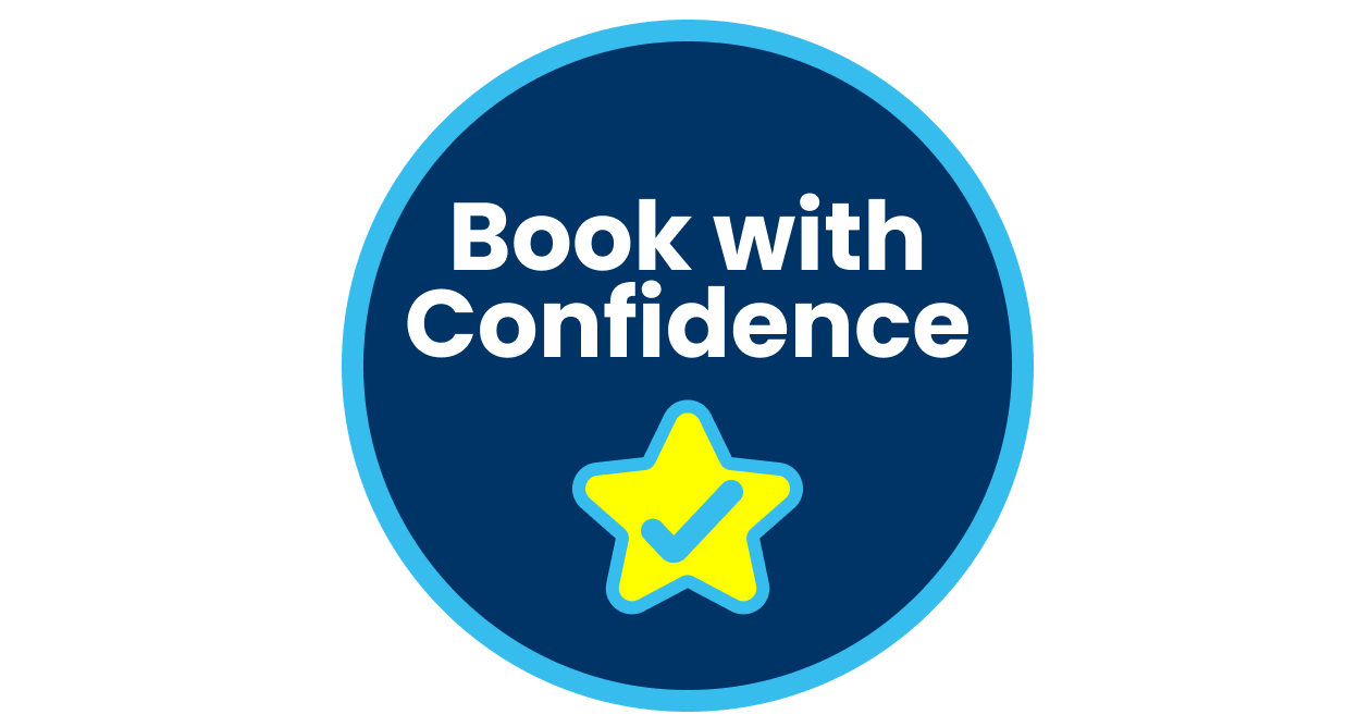 Book with Confidence trust badge on dark blue background with yellow star