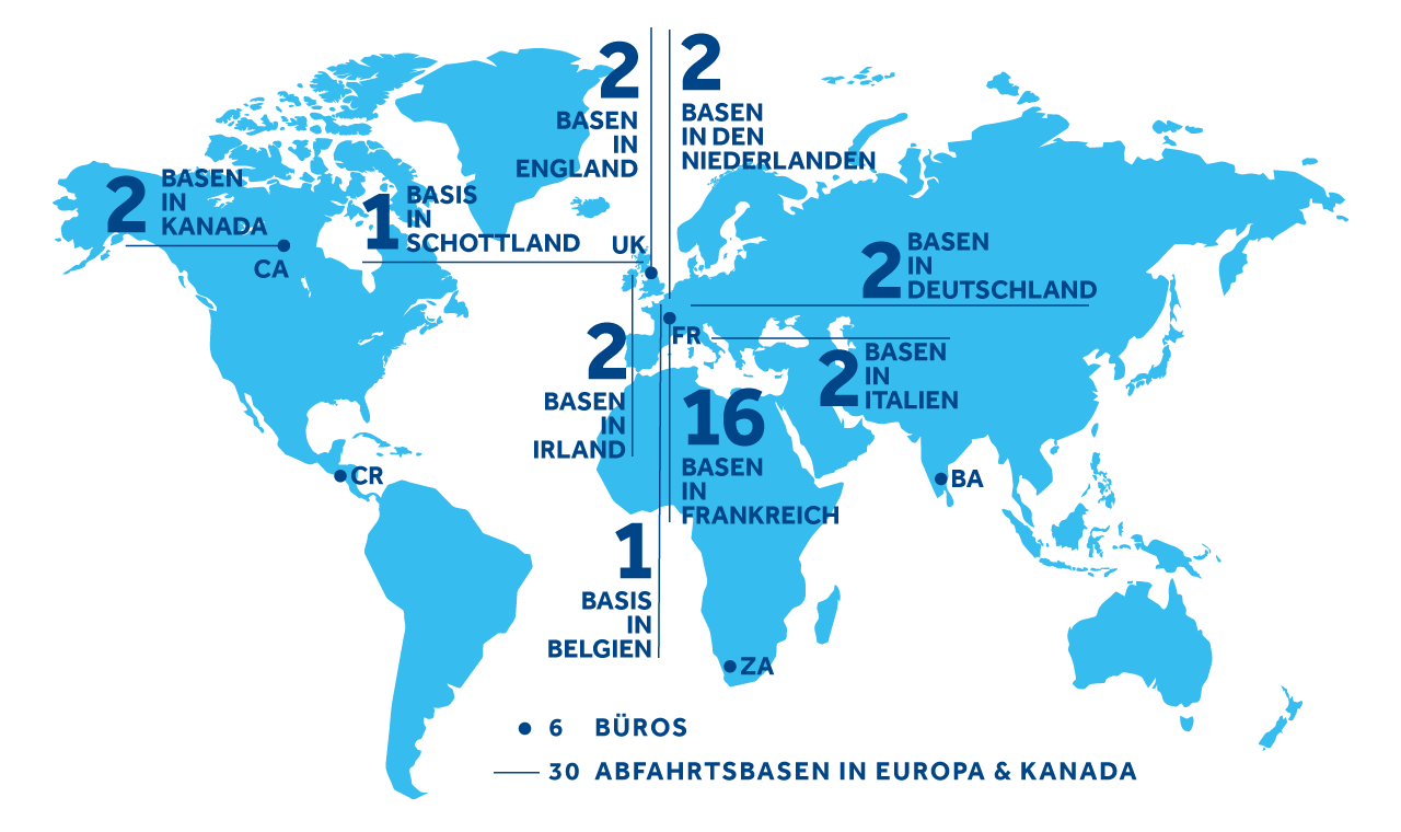Blaue Weltkarte mit Le Boat Büros und Abfahrtsbasen für Bootsurlaube in Europa und Kanada
