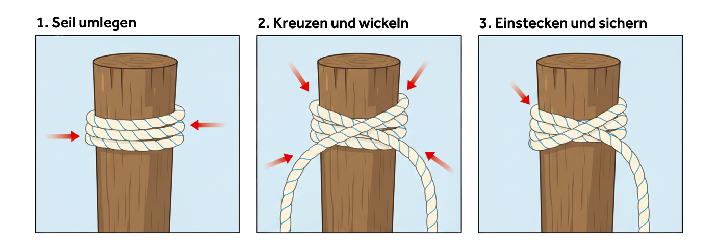 Diagramm, das zeigt, wie man einen Mastwurf um einen Anlegepfahl bindet, indem man das Seil um den Pfahl legt, kreuzt und umwickelt, dann einsteckt und festzieht.