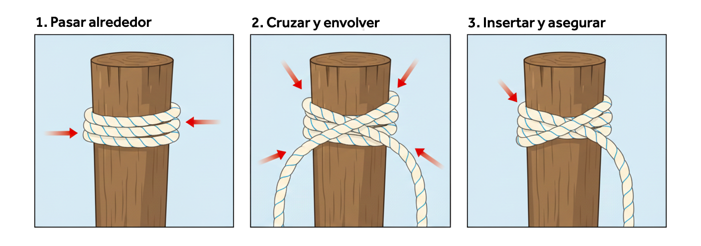 Ilustración explicativa que muestra cómo hacer un nudo de cornamusa en una cornamusa del barco, con una vuelta base, vueltas en forma de ocho y un cierre final para asegurar el cabo.