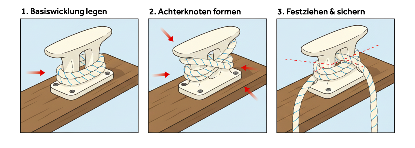 Anleitungsillustration, die zeigt, wie man einen Klemmknoten knüpft, mit einer Basisumwicklung, achtförmigen Windungen und einer abschließenden Sicherung, um das Seil zu fixieren.