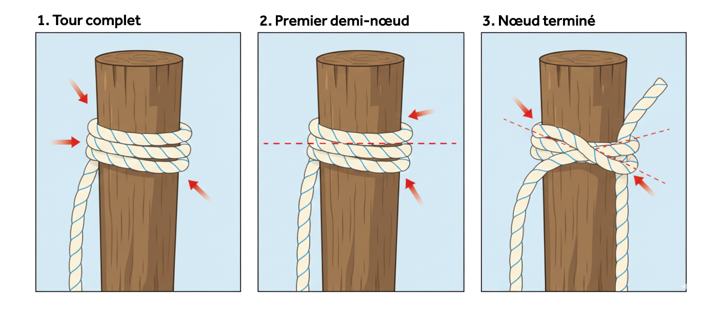 Illustration pédagogique montrant comment faire un tour complet et deux demi-nœuds sur un poteau, depuis le premier tour jusqu'au nœud fini.