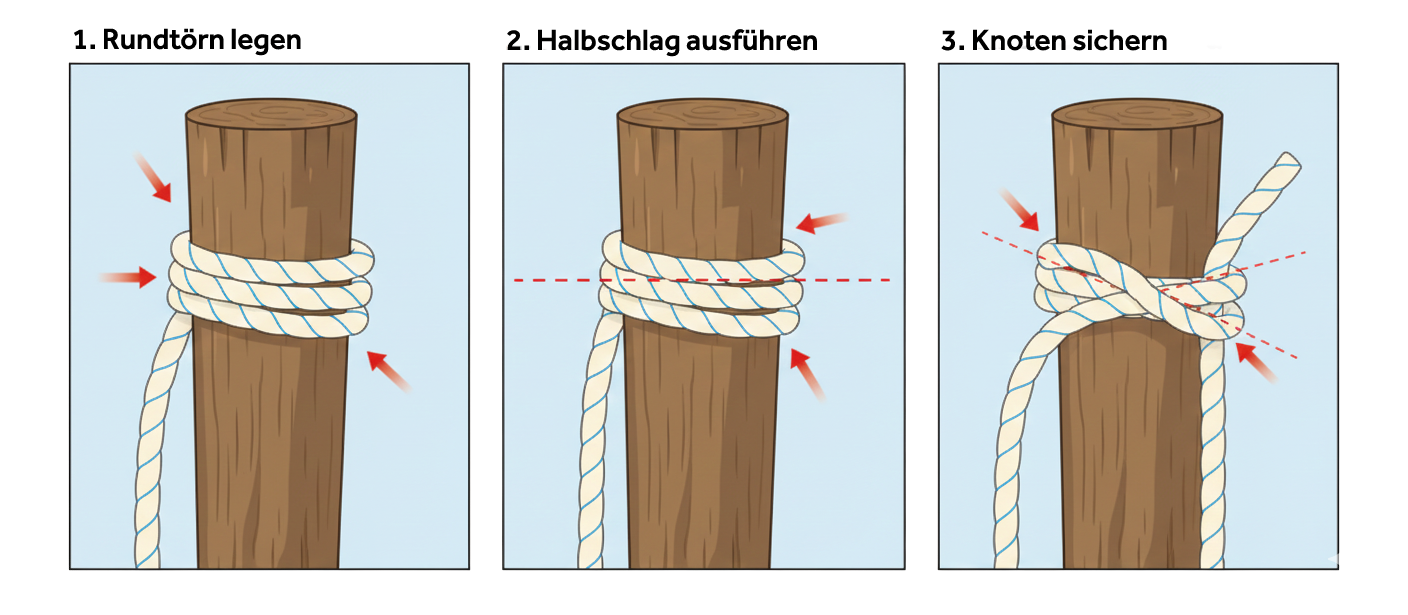 Anleitungsillustration, die zeigt, wie man einen Rundstrick und zwei Halbmastknoten an einem Pfosten knüpft, vom ersten Wickel bis zum fertigen Knoten.