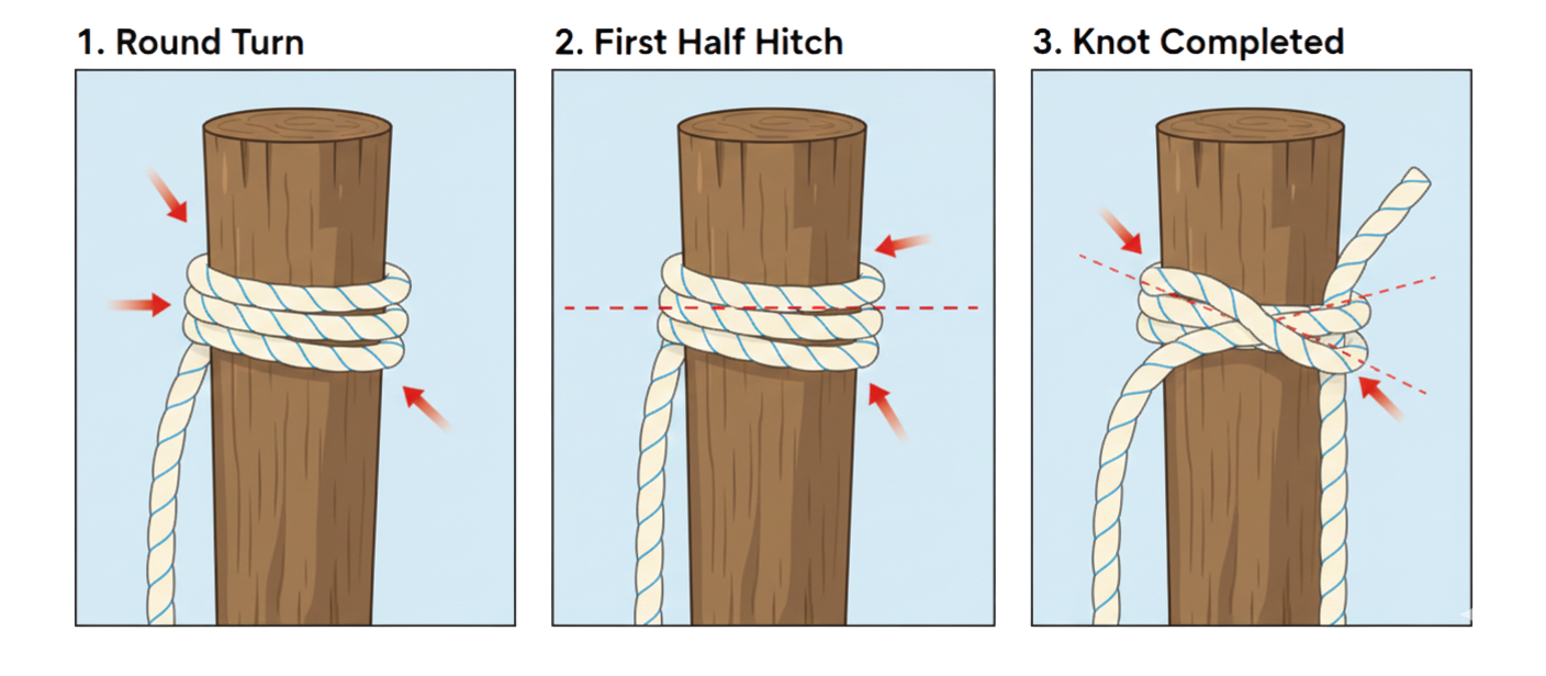 Instructional illustration showing how to tie a round turn and two half hitches on a post, from the first wrap to the finished knot.