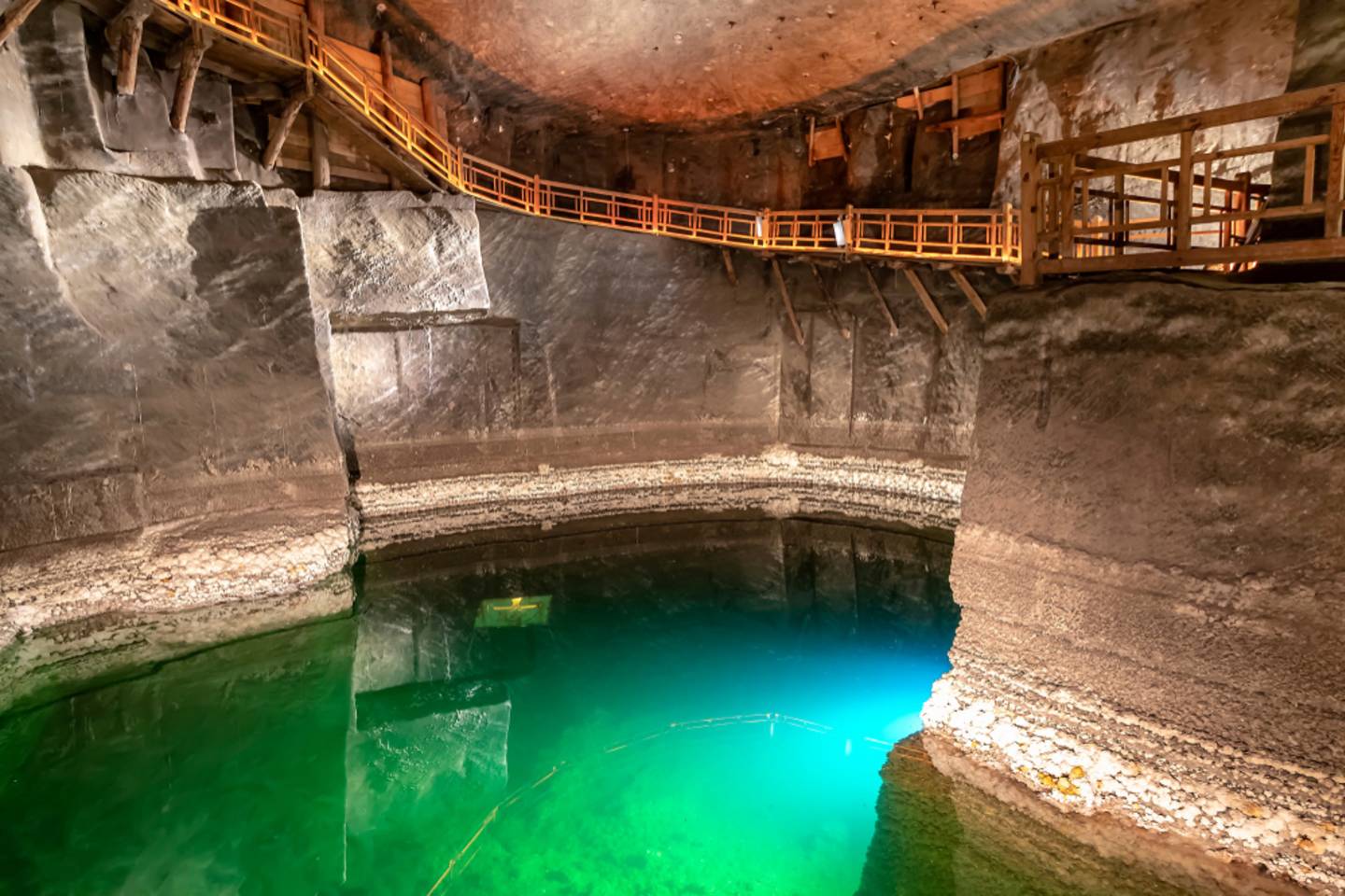 green underground pool in salt mine