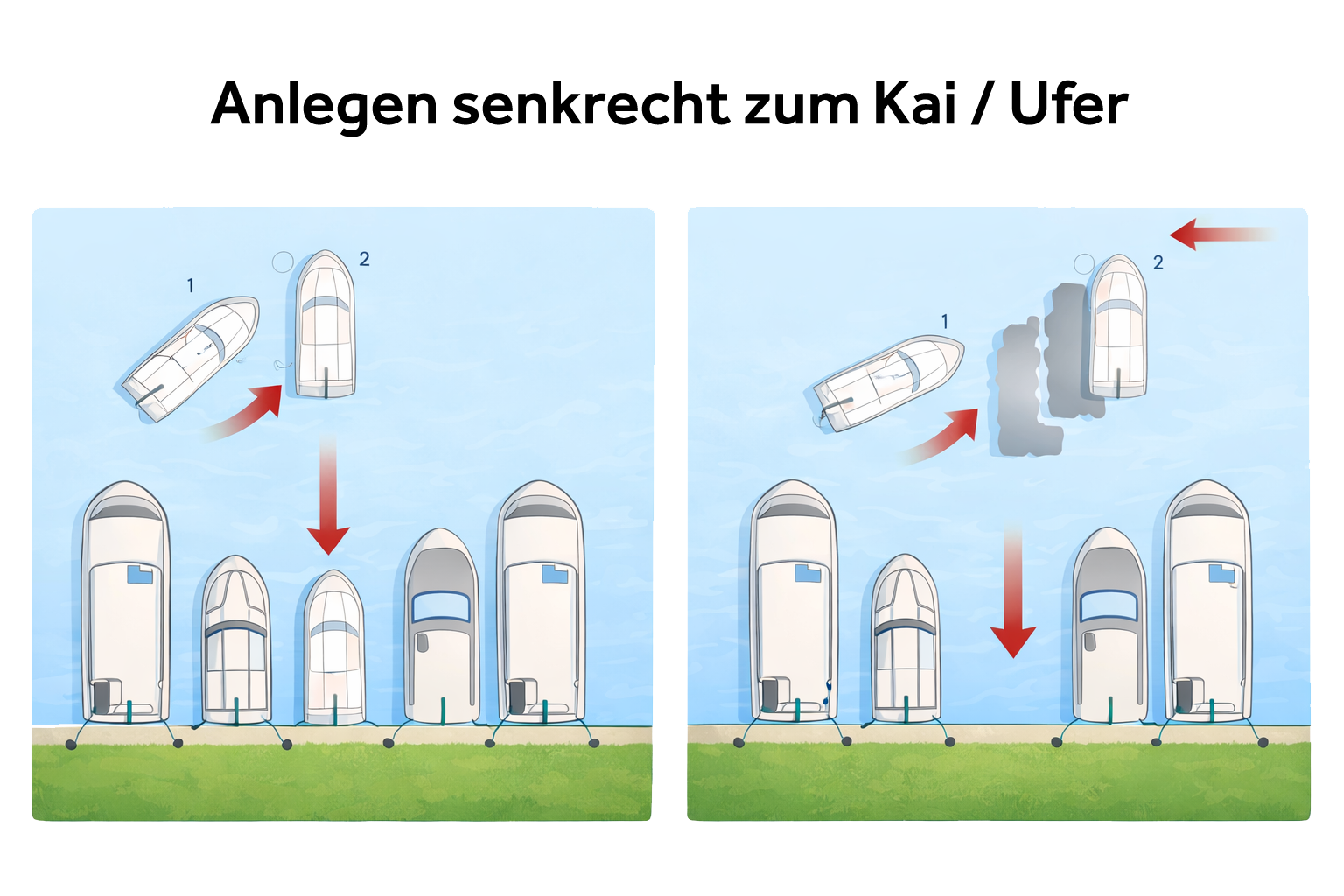 Abbildung, die zeigt, wie ein Boot senkrecht zum Kai oder Ufer in einer Reihe von festgemachten Booten anlegt, mit Annäherungspfeilen und Heckleinen zum Ufer.