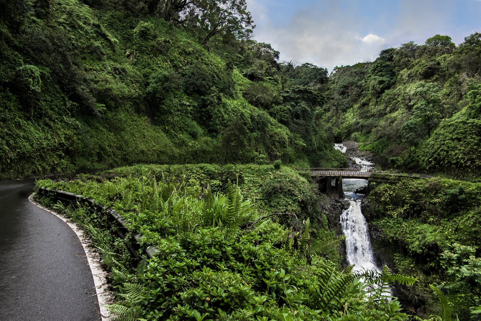 Brücke über einem Wasserverlauf und tropisch grüne Vegetation entlang der Road to Hana auf Maui.