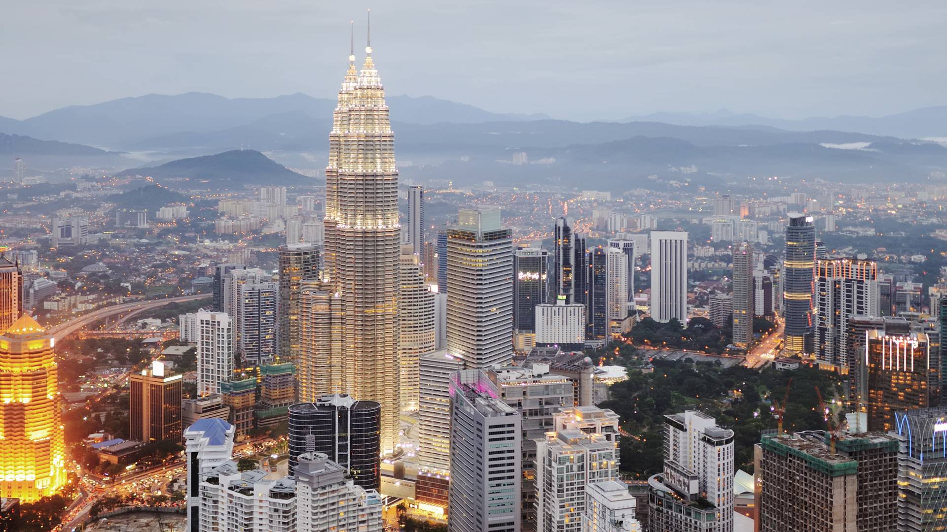 Aerial view of Kuala Lumpur at nightfall, Malaysia, Asia