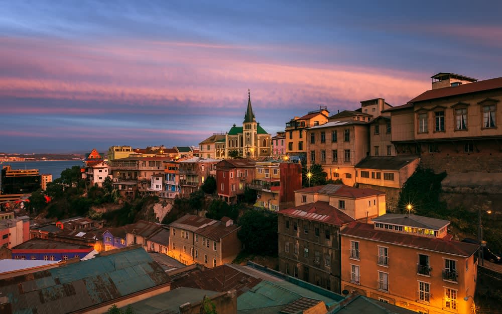 Iglesias Luterana, Valparaiso Bay at dusk, Chile, South America