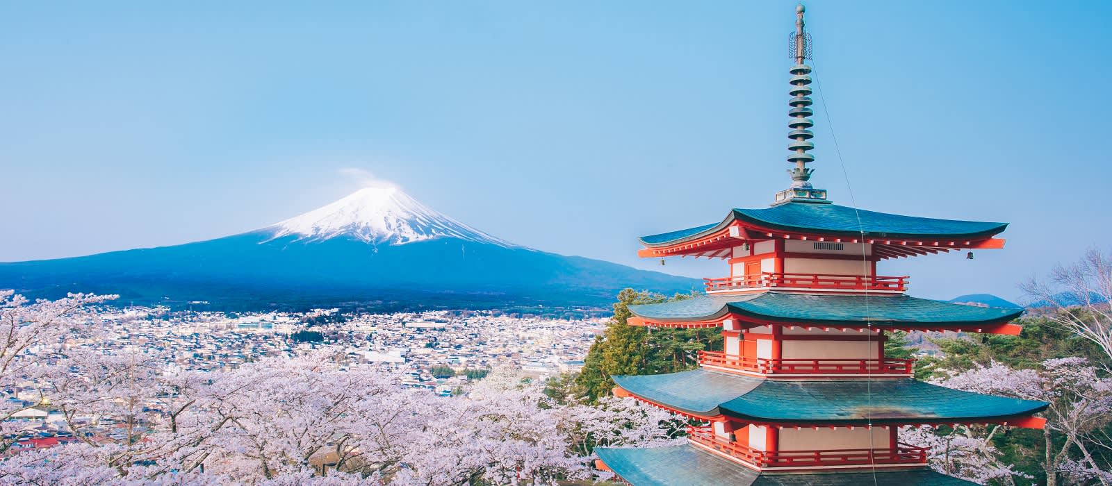 Enchanting Travels Japan Tours Red Pagoda with Mt Fuji on the background