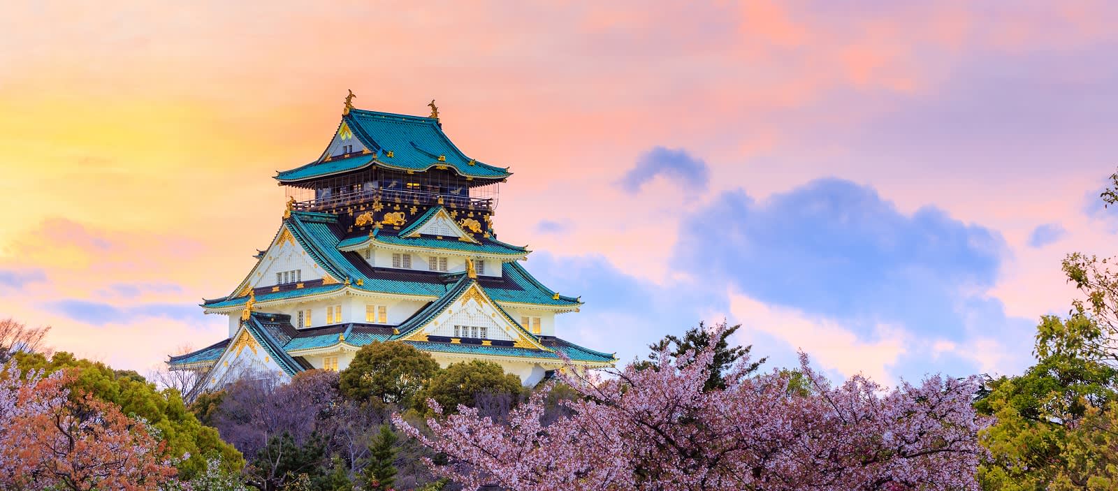 Enchanting Travels Japan Tours Twilight at Osaka castle during Cherry blossoms season in Osaka, Japan - History of Japan