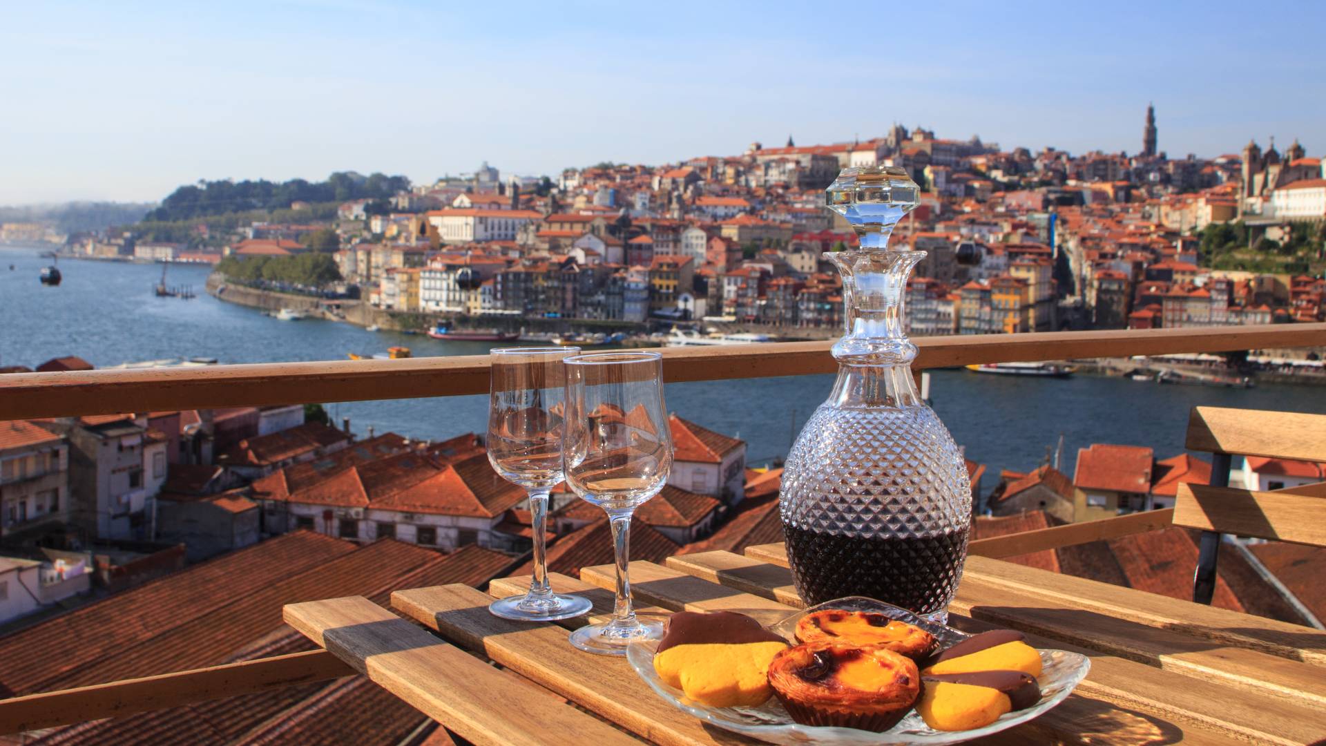 Table with view a wonderful view over the river in Porto, Portugal.