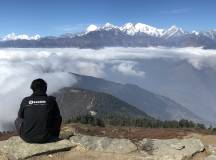 Panoramic view of the Annapurna and Manaslu Himals from the trail from Laurebenayak to Gosainkund, Nepal