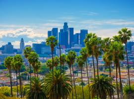 Los Angeles Skyline Backlit Aerial with Vivid Green Palm Trees