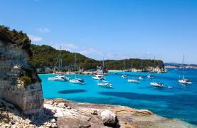 Catamarans Anchoring Corfu Coastline Greece