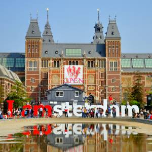 Rijksmuseum with big letters in Amsterdam, Holland (Netherlands)
