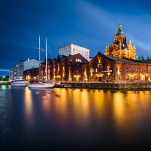 View of the island of Katajanokka and Uspenski Cathedral at night, in Helsinki, Finland
