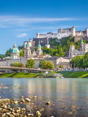 Beautiful view of Salzburg skyline with Festung Hohensalzburg and Salzach river in summer, Salzburg, Salzburger Land, Austria