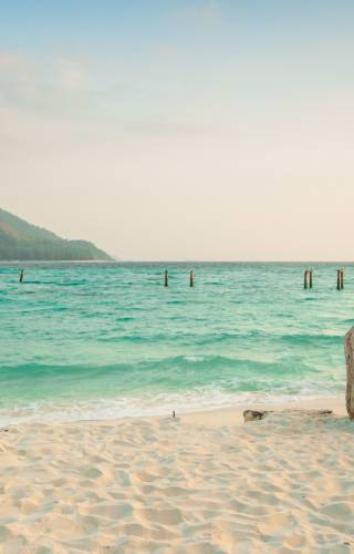 a sandy beach next to a body of water