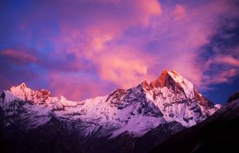 Mount Machapuchare (Fishtail) at sunset, view from Annapurna base camp