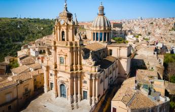 The Duomo of San Giorgio or St. George Cathedral aerial panoramic view in Ragusa. Ragusa is a city in southern Sicily, Italy.