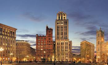 Panoramic dusk view of the Place d Armes