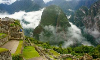 Aerial view of the green mountains of Machu Picchu