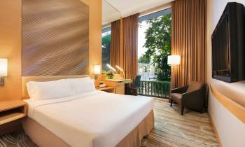 a bedroom with a large bed in a hotel room