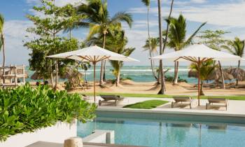 a pool next to a palm tree