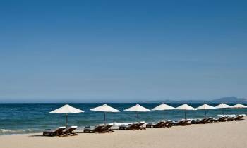 a group of lawn chairs sitting on top of a sandy beach