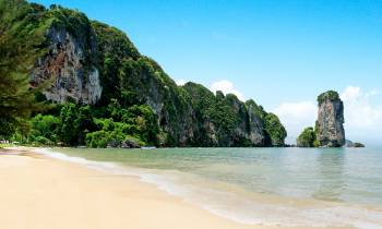 a body of water with Railay Beach in the background