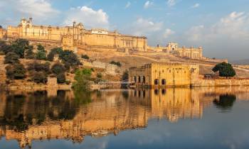 Amer fort in Jaipur surrounded by a waterbody
