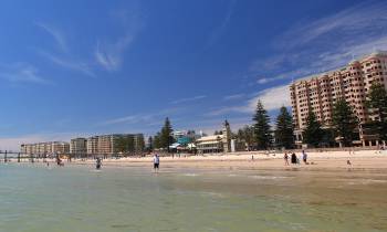 a group of people on a beach near a body of water