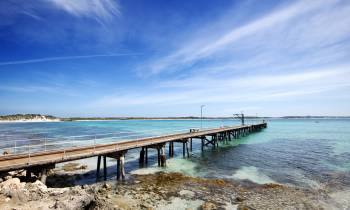 a beach with a pier in front of a body of water