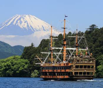 Enchanting Travels Japan Tours Hakone The Hakone Sightseeing Cruise (Hakone Pirate Ship) sails on the Ashinoko Lake with Mt. Fuji