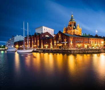 View of the island of Katajanokka and Uspenski Cathedral at night, in Helsinki, Finland