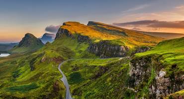 Panorama of Quiraing mountains sunset at Isle of Skye, Scottish highlands, United Kingdom