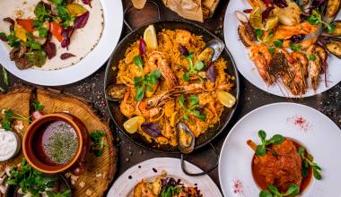 Assorted Spanish food set Paella seafood platters, grilled seafood
