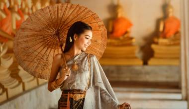 Thailand travel - Asian woman wearing traditional Thai culture,vintage style,Thailand