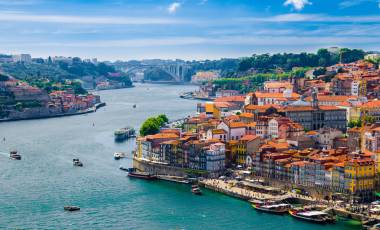 Panoramic view of Old Porto Oporto city and Ribeira over Douro river from Vila Nova de Gaia, Portugal