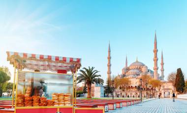 Traditional turkish fast food cart at Blue Mosque Cami background istanbul turkey