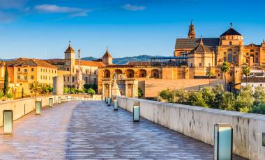 Cordoba, Spain, Andalusia. Roman Bridge on Guadalquivir river and The Great Mosque (Mezquita Cathedral)