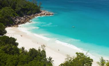 Beautiful and a famous beach Anse Georgette from above, Praslin island, Seychelles, Africa