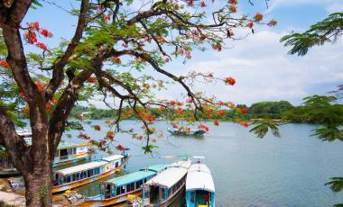 A boat station at Perfume River near Thien Mu pagoda, Hue, Vietnam, Asia