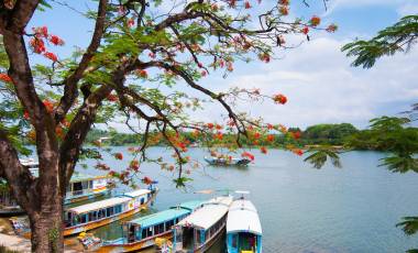 A boat station at Perfume River near Thien Mu pagoda, Hue, Vietnam, Asia