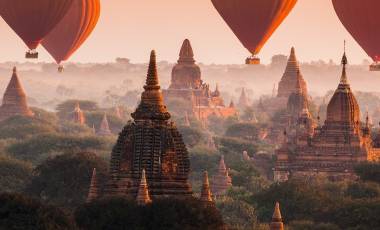 Hot air balloon over Bagan in misty morning, Myanmar, Asia