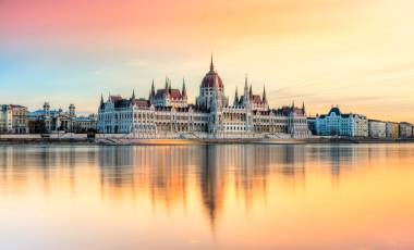 View of Budapest parliament at sunset, Hungary