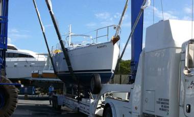 Used Moorings charter boat on travelift
