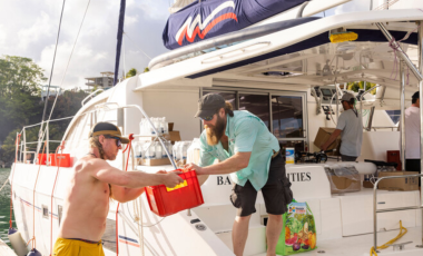 Loading gear onto a catamaran