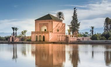 Menara gardens reflecting pool and pavilion, Marrakech, Morocco, Africa